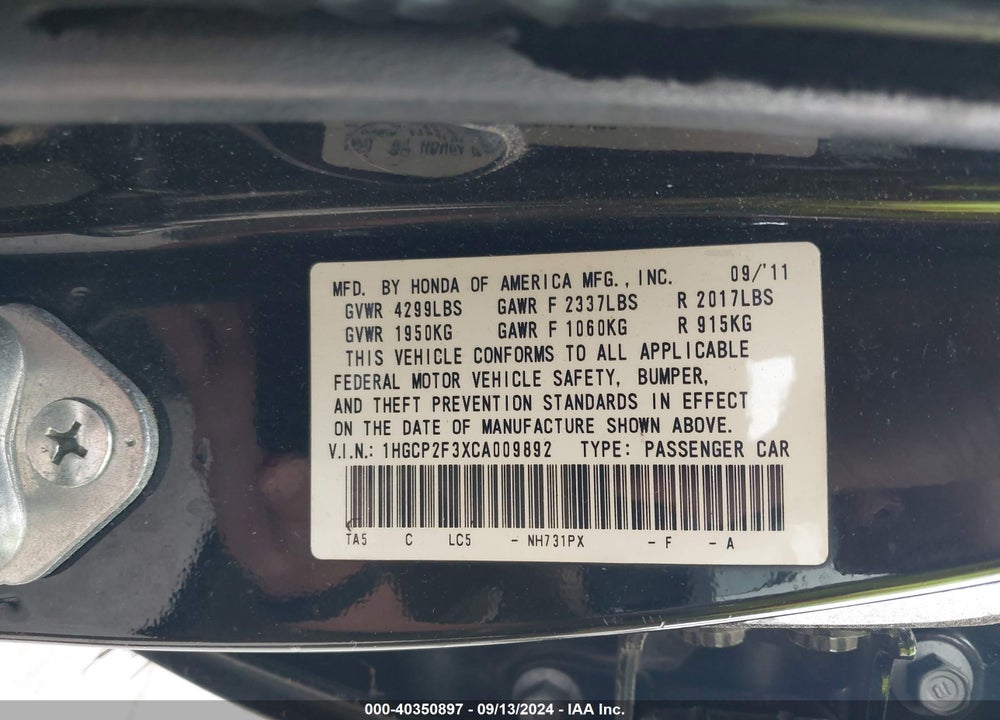 2012 HONDA ACCORD 2.4 LX VIN: 1HGCP2F3XCA009892
