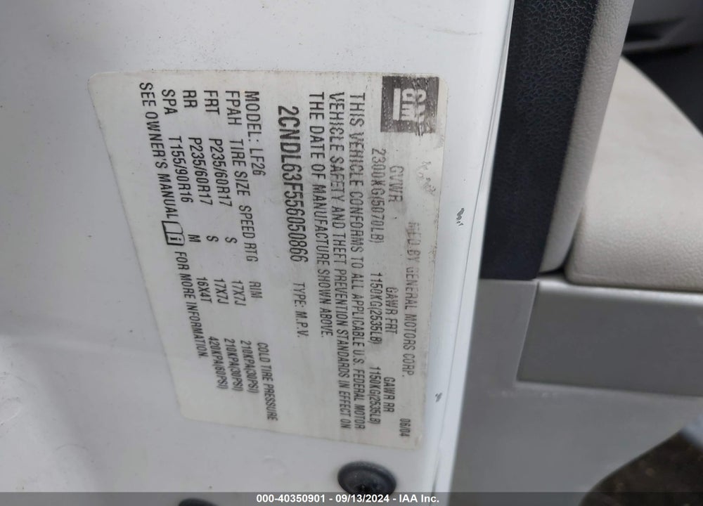 2005 CHEVROLET EQUINOX LT VIN: 2CNDL63F556050866
