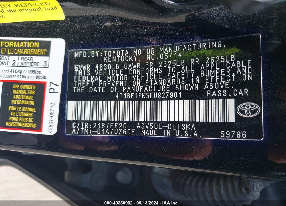 2014 TOYOTA CAMRY SE VIN: 4T1BF1FK5EU827901