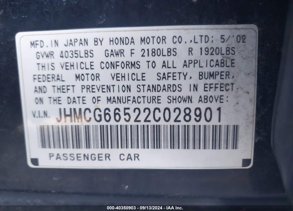 2002 HONDA ACCORD 2.3 LX VIN: JHMCG66522C028901
