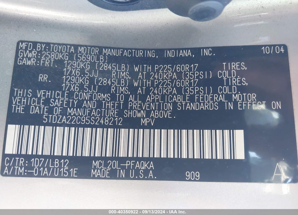 2005 TOYOTA SIENNA XLE LIMITED VIN: 5TDZA22C95S248212
