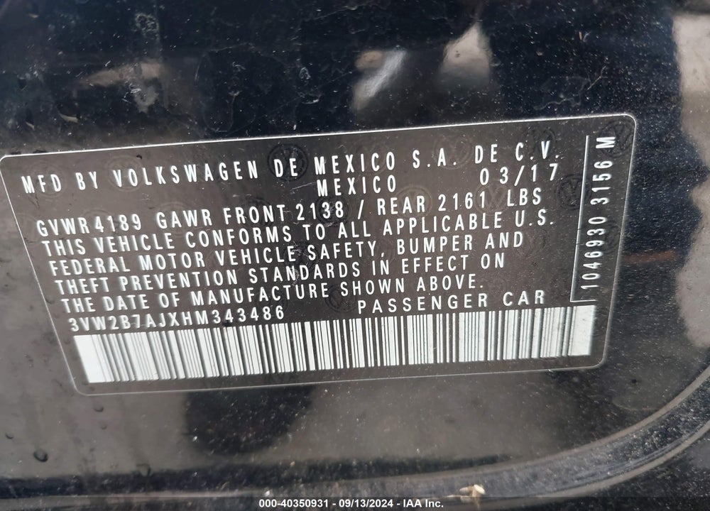 2017 VOLKSWAGEN JETTA 1.4T S VIN: 3VW2B7AJXHM343486