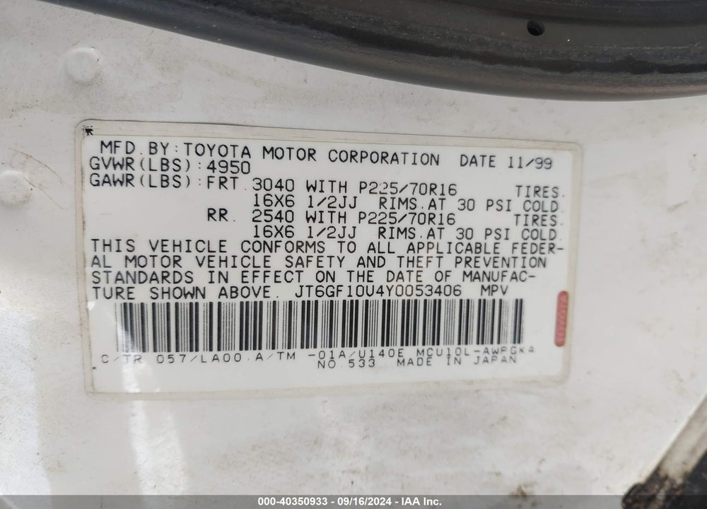 2000 LEXUS RX 300 VIN: JT6GF10U4Y0053406
