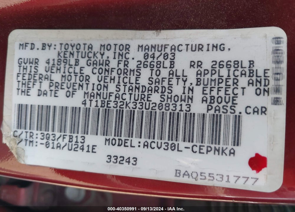 2003 TOYOTA CAMRY LE VIN: 4T1BE32K33U208313