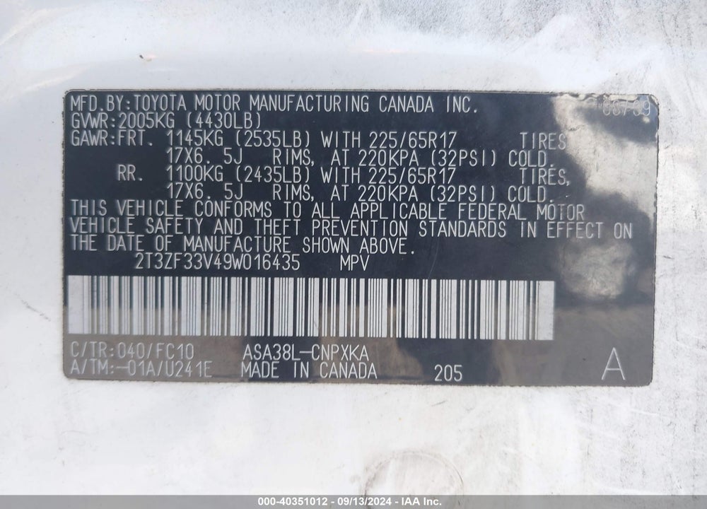2009 TOYOTA RAV4 VIN: 2T3ZF33V49W016435