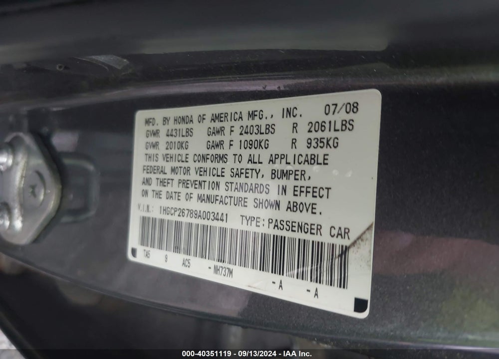 2009 HONDA ACCORD 2.4 EX VIN: 1HGCP26789A003441