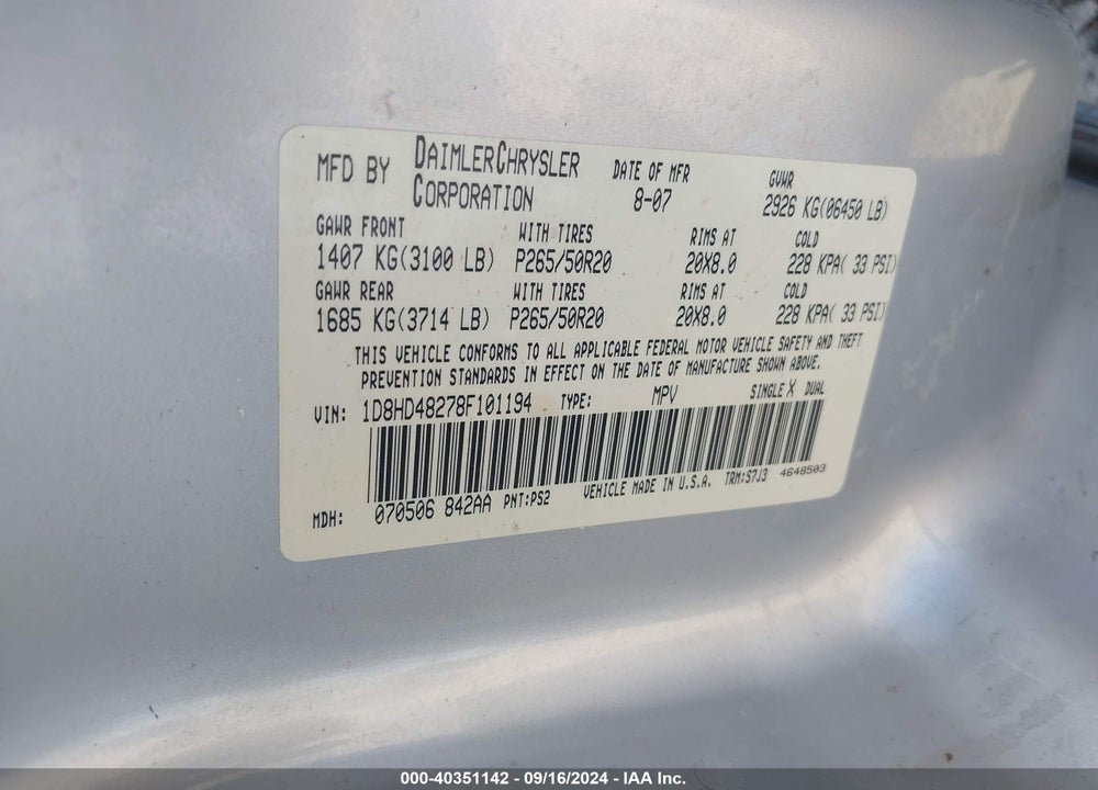 2008 DODGE DURANGO SLT VIN: 1D8HD48278F101194