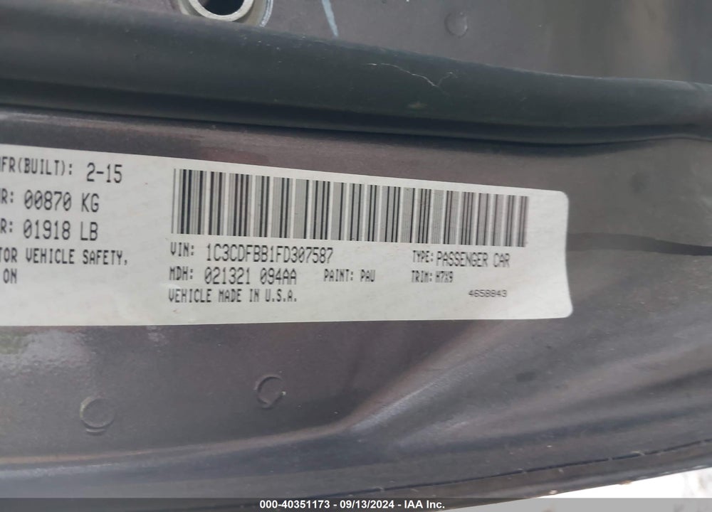 2015 DODGE DART SXT VIN: 1C3CDFBB1FD307587