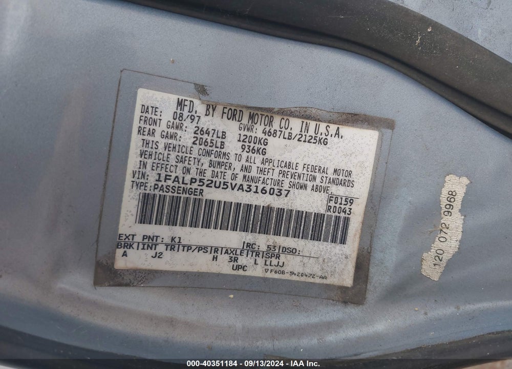 1997 FORD TAURUS GL VIN: 1FALP52U5VA316037