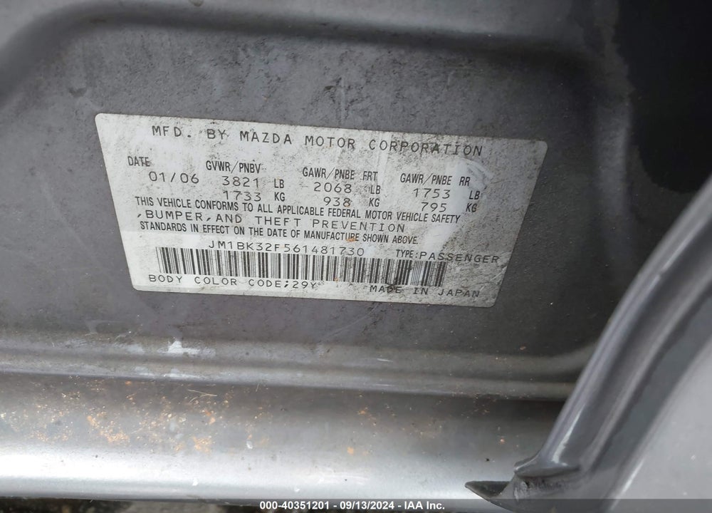 2006 MAZDA 3 I VIN: JM1BK32F561481730