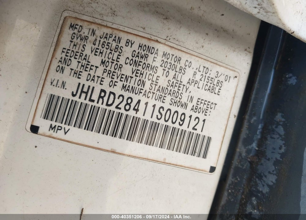 2001 HONDA CR-V LX VIN: JHLRD28411S009121