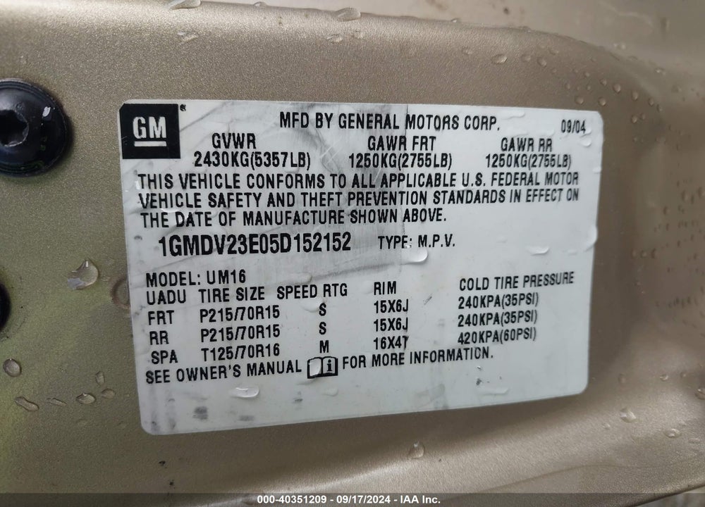 2005 PONTIAC MONTANA M16 W/1SA PKG. VIN: 1GMDV23E05D152152