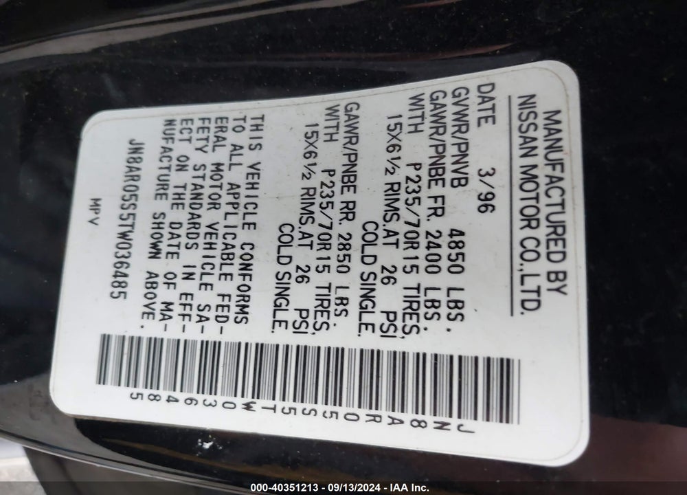 1996 NISSAN PATHFINDER XE/LE VIN: JN8AR05S5TW036485