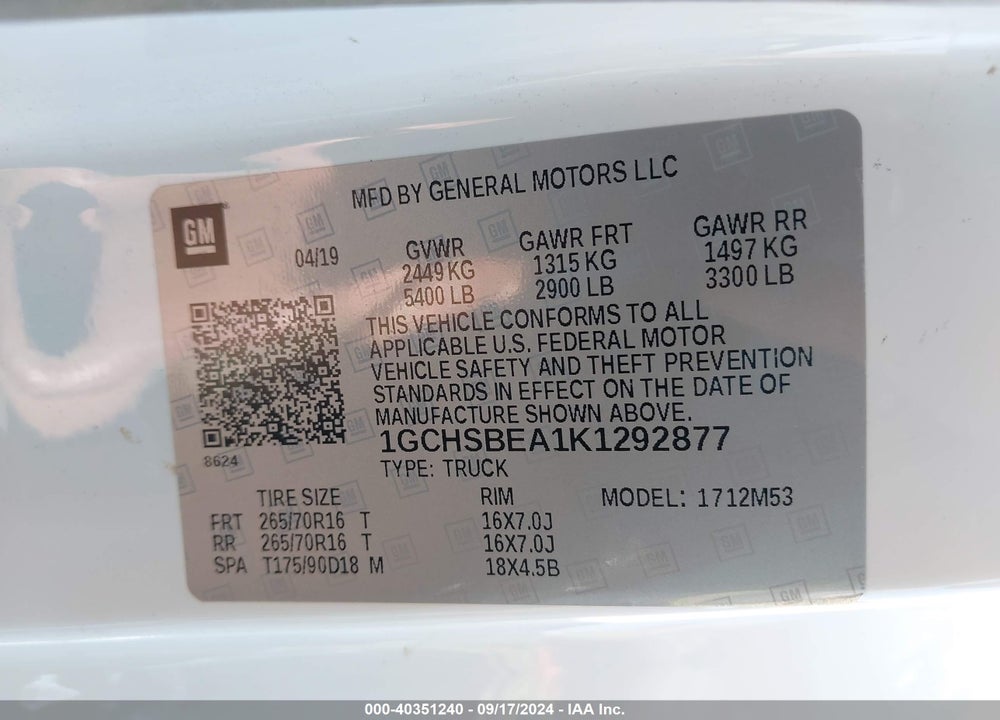 2019 CHEVROLET COLORADO WT VIN: 1GCHSBEA1K1292877