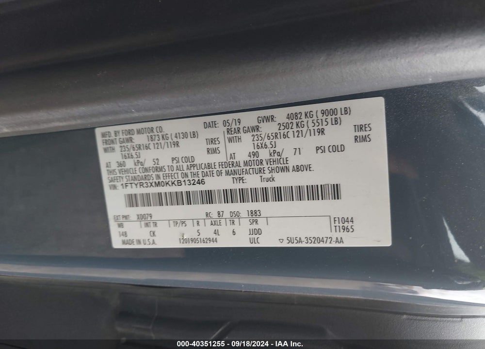 2019 FORD TRANSIT-250 VIN: 1FTYR3XM0KKB13246