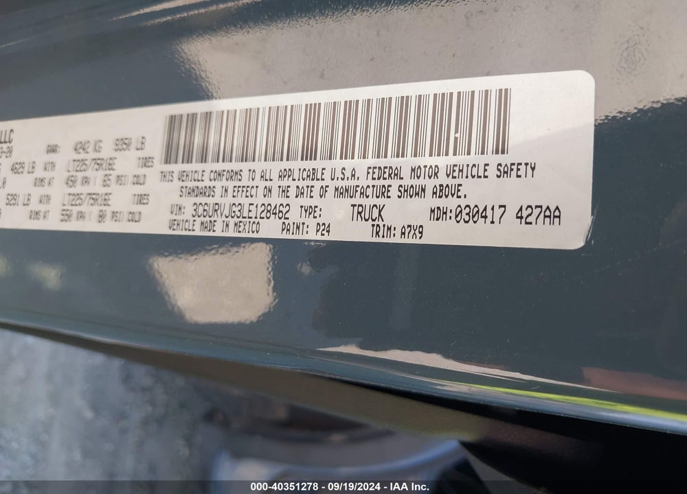 2020 RAM PROMASTER 3500 CARGO VAN HIGH ROOF 159 WB EXT VIN: 3C6URVJG3LE128462