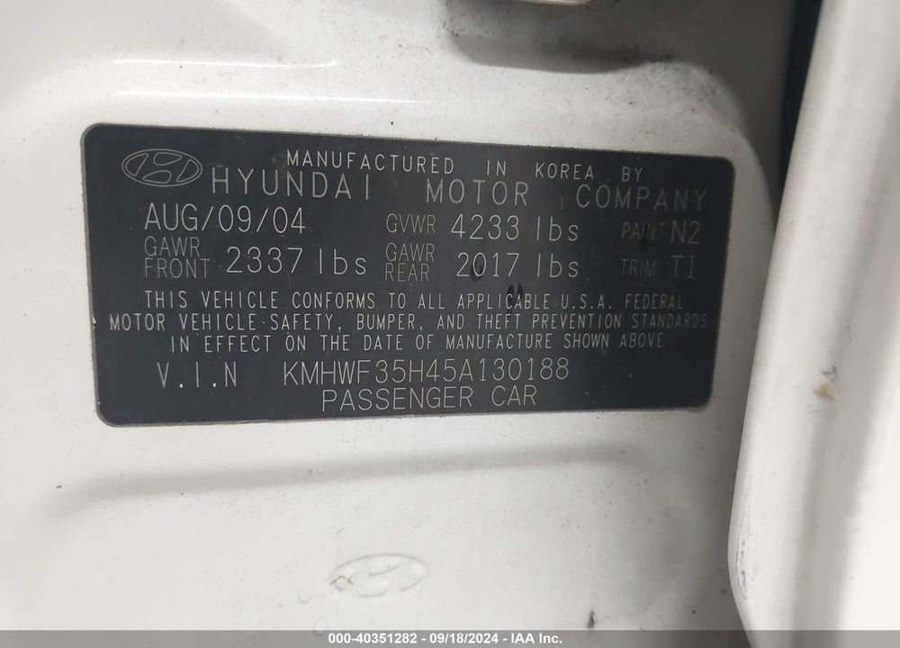 2005 HYUNDAI SONATA GLS/LX VIN: KMHWF35H45A130188