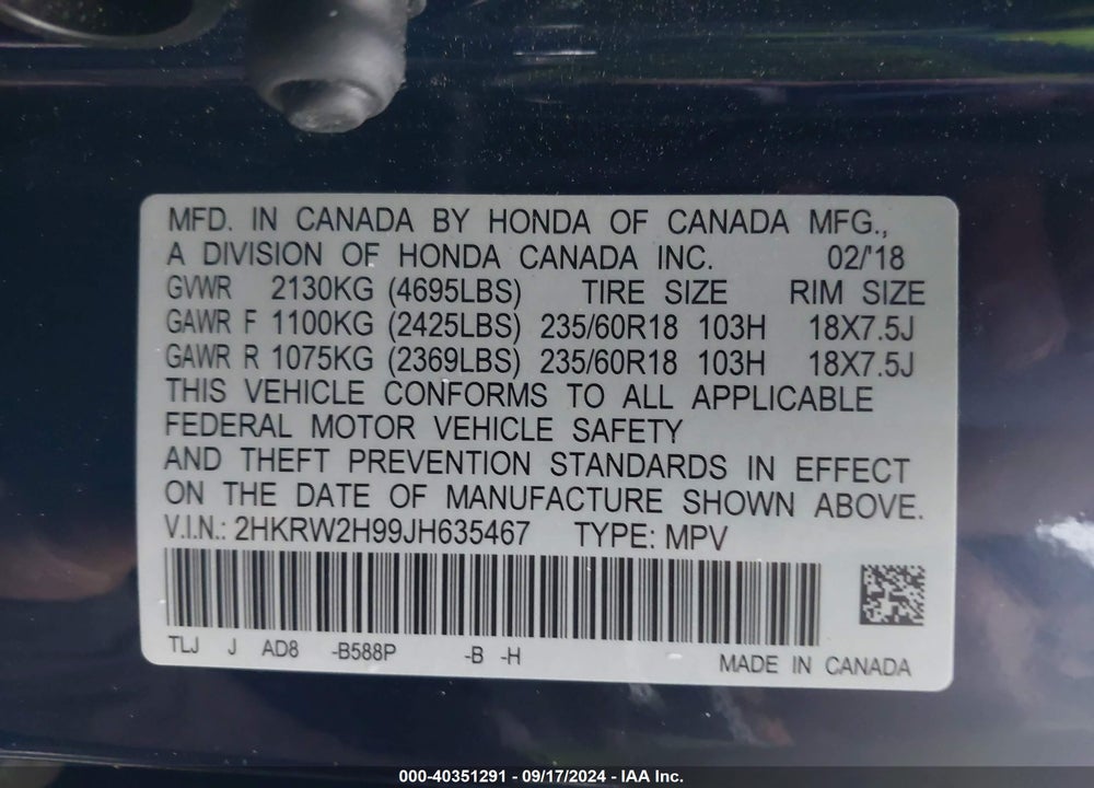 2018 HONDA CR-V TOURING VIN: 2HKRW2H99JH635467