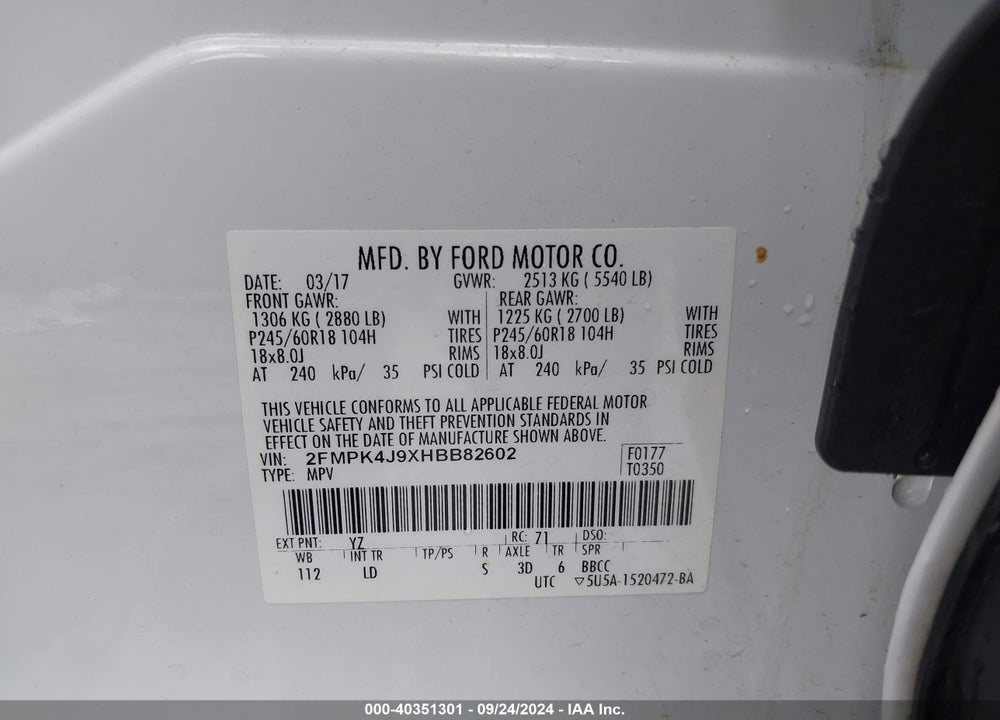 2017 FORD EDGE SEL VIN: 2FMPK4J9XHBB82602