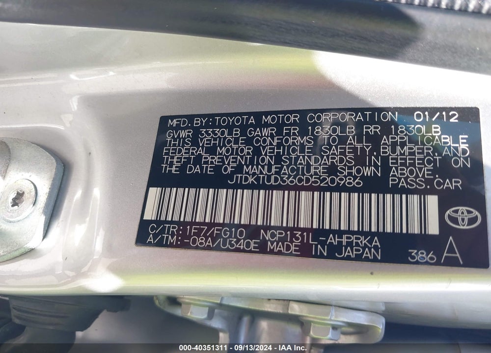 2012 TOYOTA YARIS LE VIN: JTDKTUD36CD520986