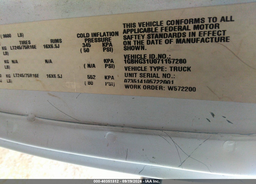 2007 CHEVROLET EXPRESS CUTAWAY WORK VAN VIN: 1GBHG31U071157280