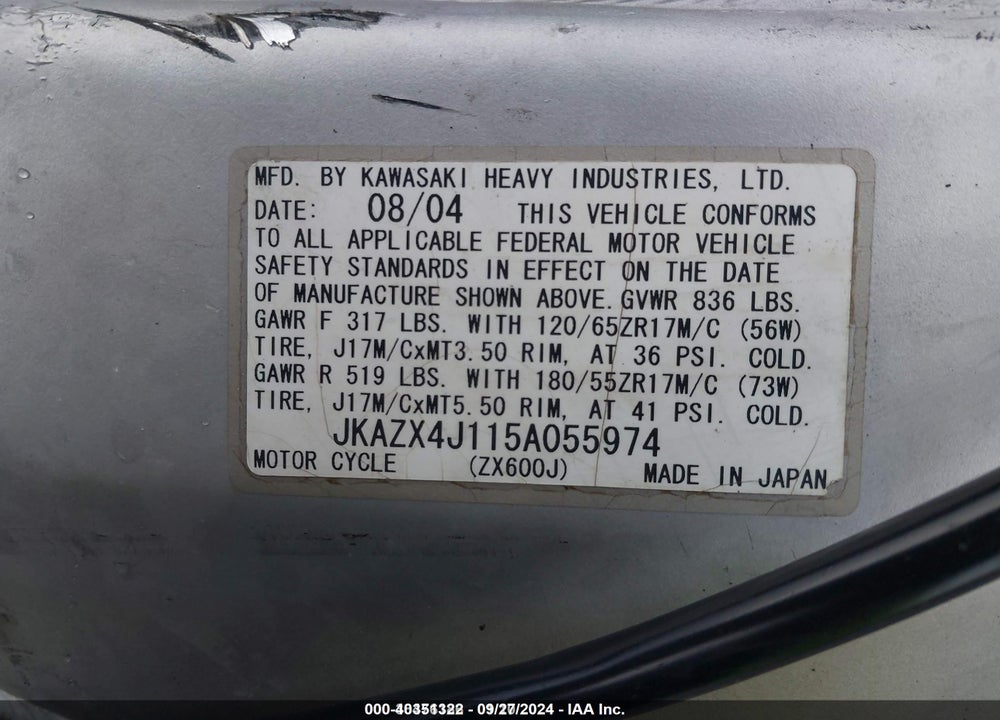 2005 KAWASAKI ZX600 J1 VIN: JKAZX4J115A055974
