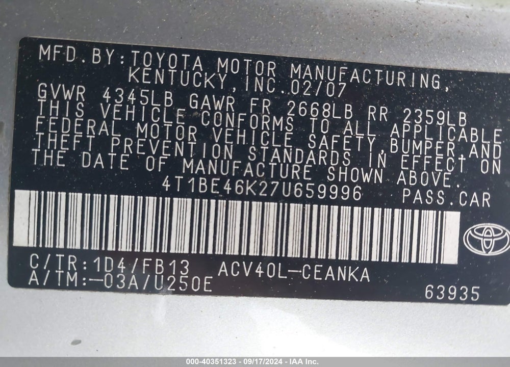 2007 TOYOTA CAMRY LE VIN: 4T1BE46K27U659996