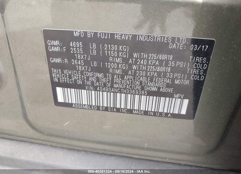 2017 SUBARU OUTBACK 2.5I LIMITED VIN: 4S4BSANC1H3369385