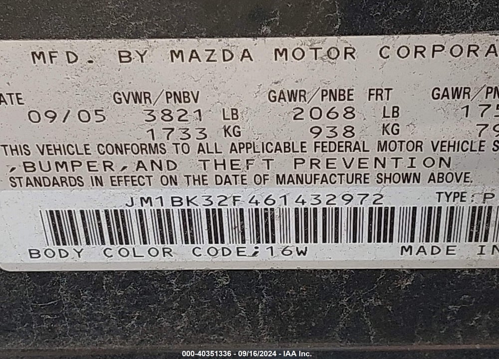 2006 MAZDA MAZDA3 VIN: JM1BK32F461432972