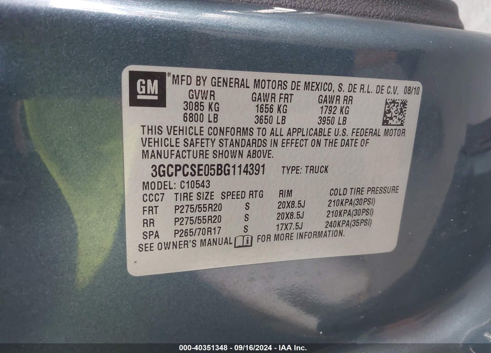2011 CHEVROLET SILVERADO 1500 LT VIN: 3GCPCSE05BG114391