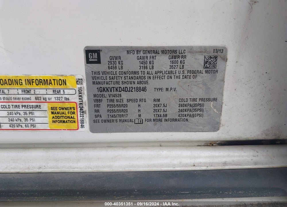 2013 GMC ACADIA DENALI VIN: 1GKKVTKD4DJ218846