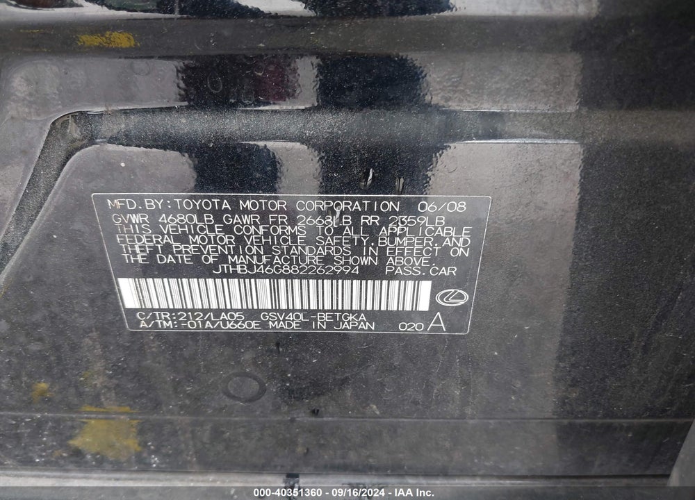 2008 LEXUS ES 350 VIN: JTHBJ46G882262994