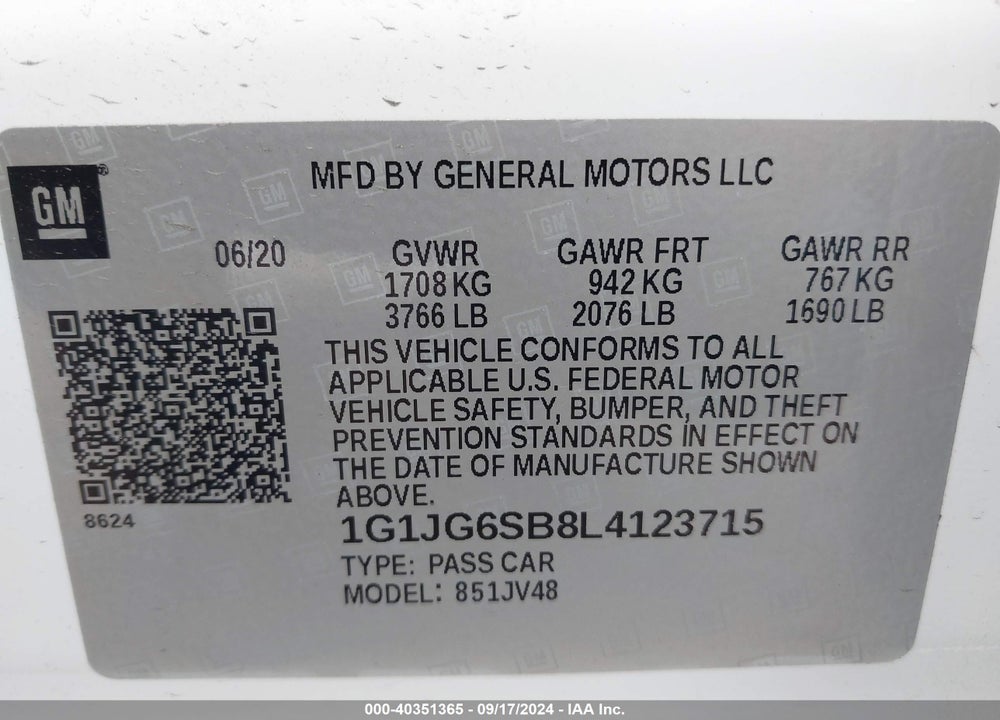 2020 CHEVROLET SONIC FWD  1FL 5-DOOR VIN: 1G1JG6SB8L4123715