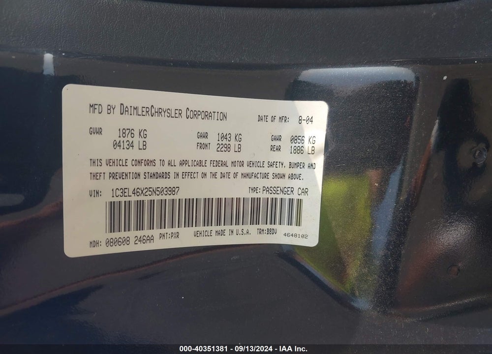 2005 CHRYSLER SEBRING VIN: 1C3EL46X25N503987