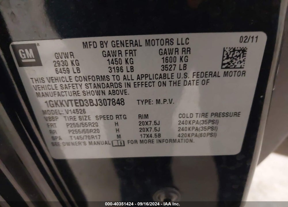 2011 GMC ACADIA DENALI VIN: 1GKKVTED3BJ307848