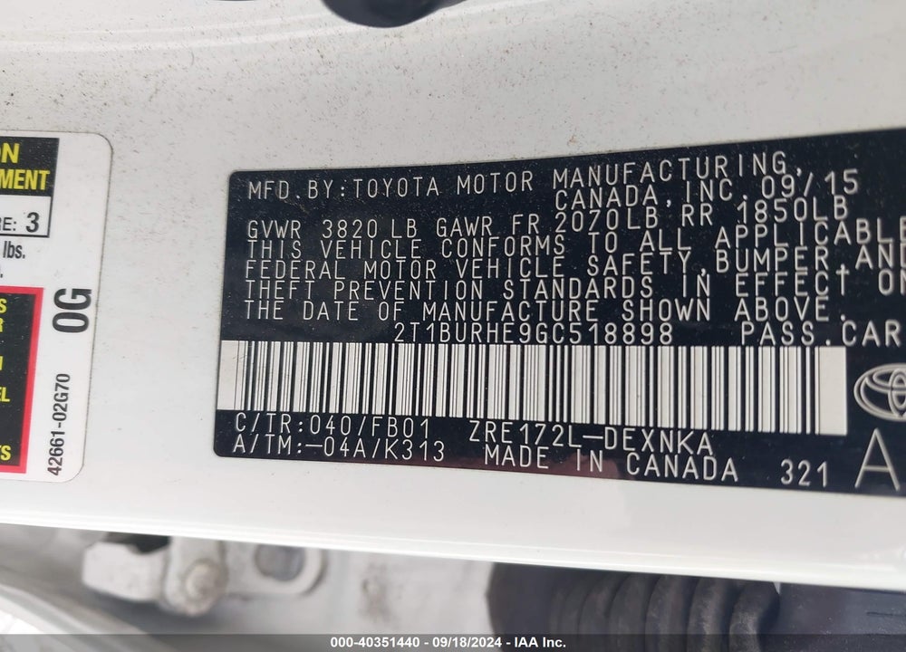 2016 TOYOTA COROLLA LE VIN: 2T1BURHE9GC518898