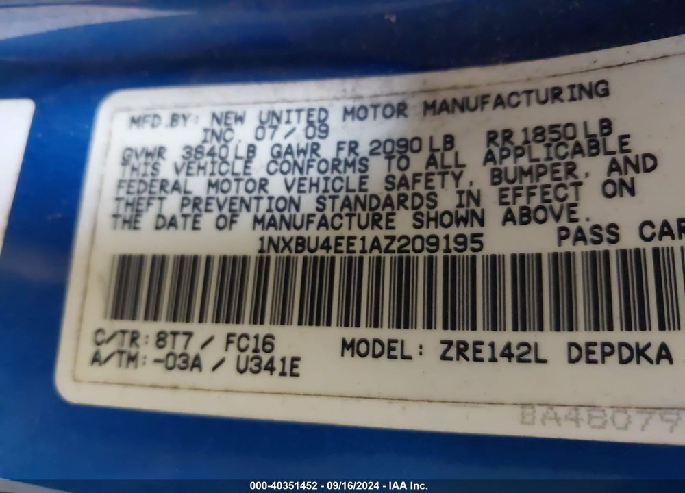 2010 TOYOTA COROLLA LE VIN: 1NXBU4EE1AZ209195
