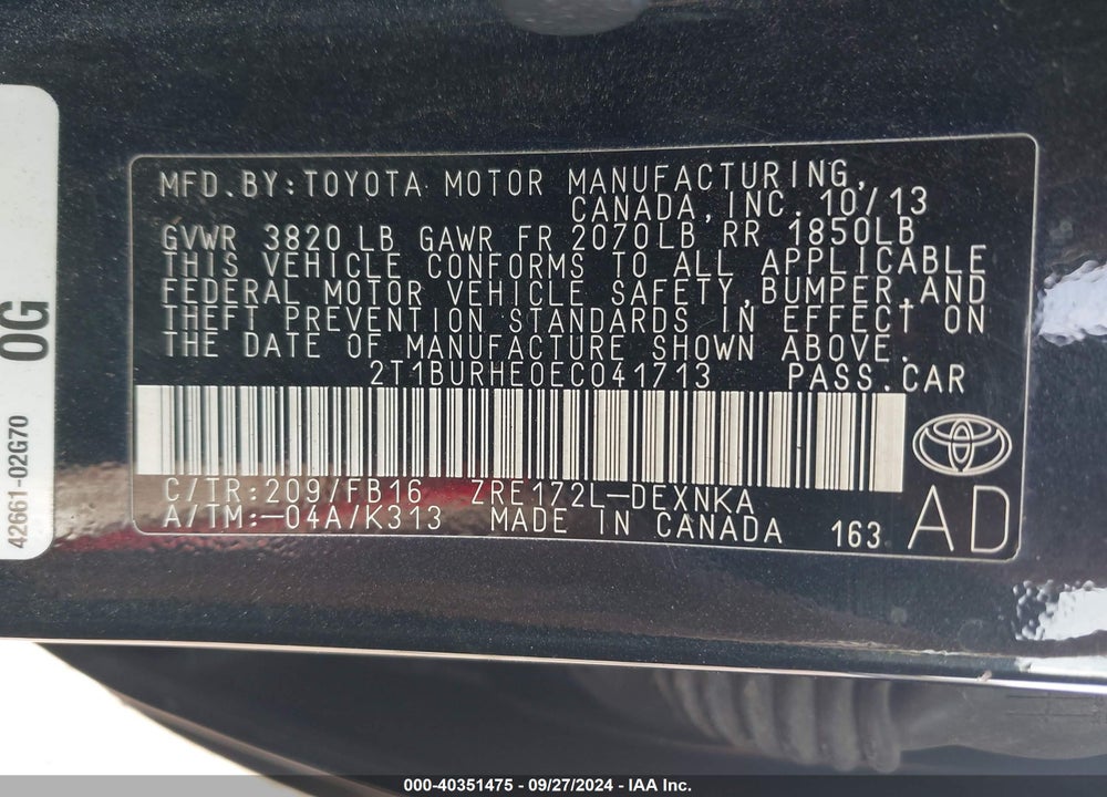 2014 TOYOTA COROLLA LE VIN: 2T1BURHE0EC041713