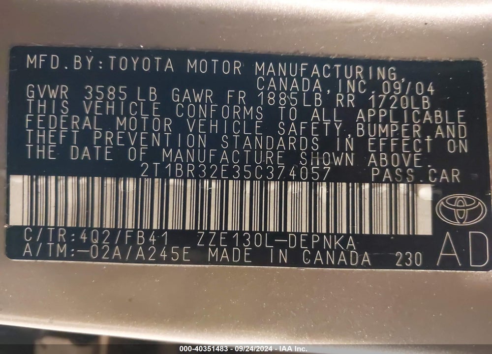 2005 TOYOTA COROLLA LE VIN: 2T1BR32E35C374057