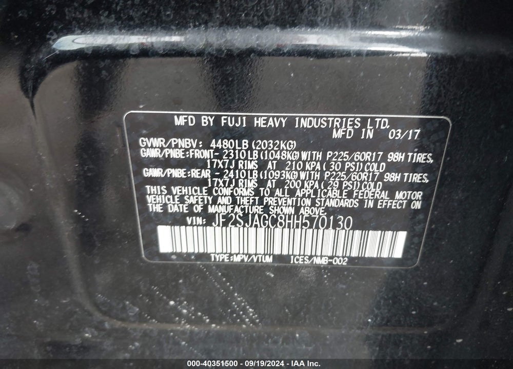 2017 SUBARU FORESTER 2.5I PREMIUM VIN: JF2SJAGC8HH570130