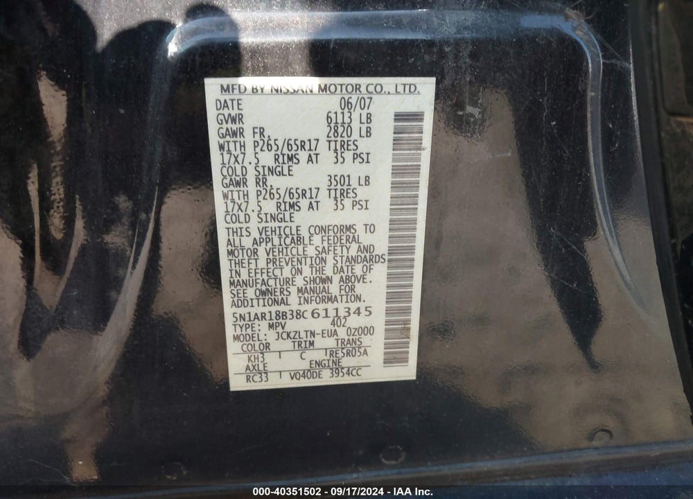 2008 NISSAN PATHFINDER SE VIN: 5N1AR18B38C611345