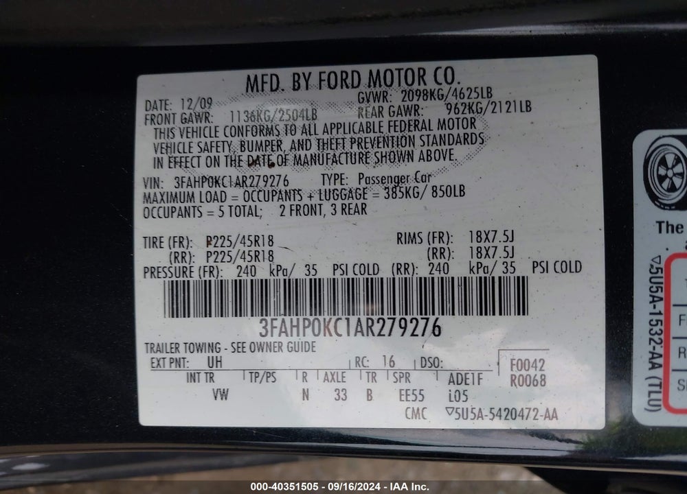2010 FORD FUSION SPORT VIN: 3FAHP0KC1AR279276