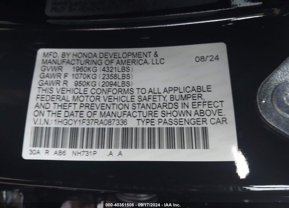2024 HONDA ACCORD EX VIN: 1HGCY1F37RA087336