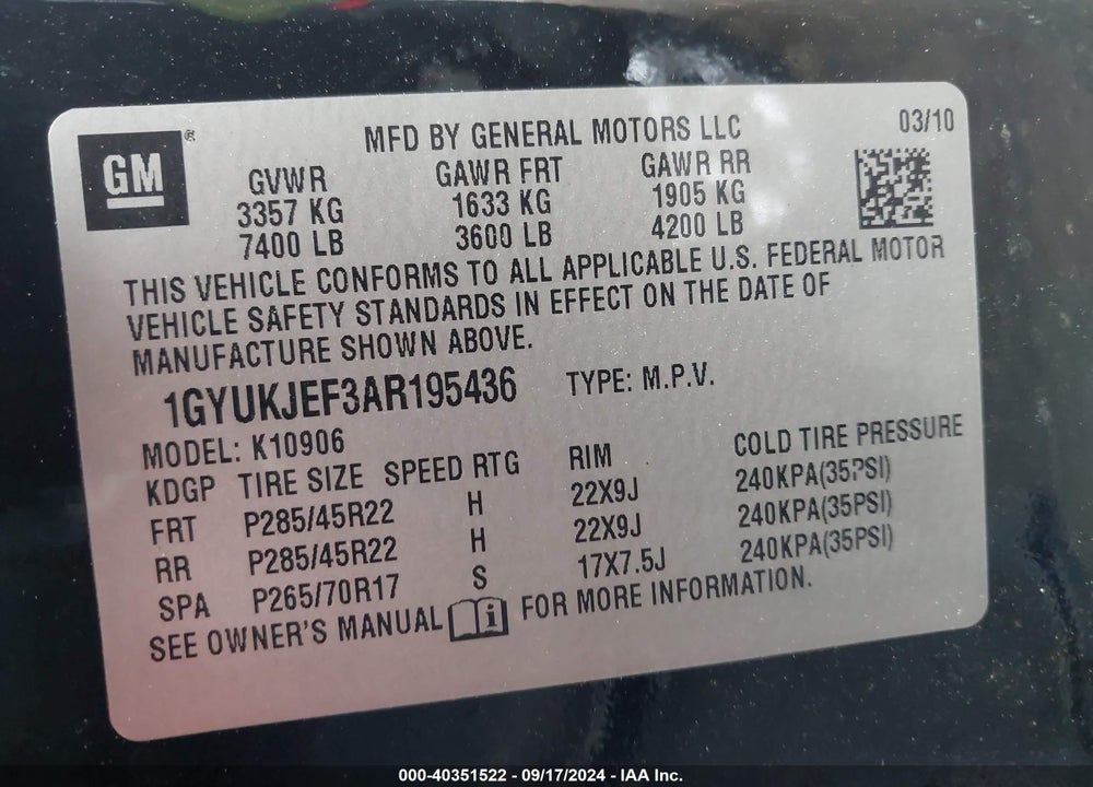 2010 CADILLAC ESCALADE ESV PREMIUM VIN: 1GYUKJEF3AR195436