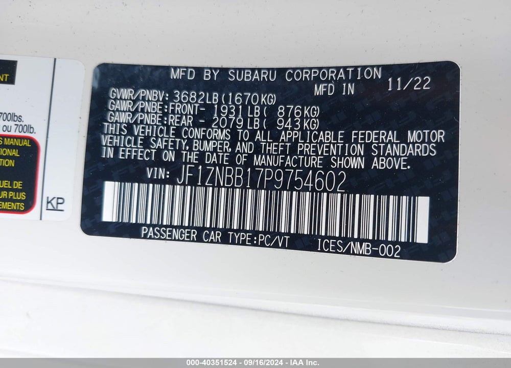 2023 TOYOTA GR86 VIN: JF1ZNBB17P9754602
