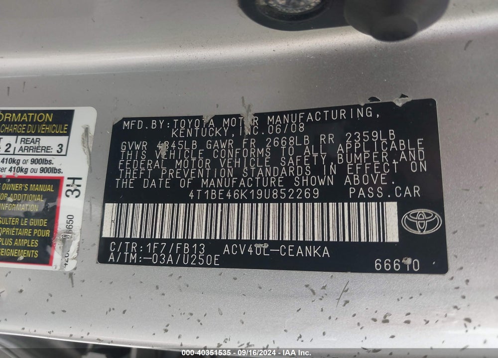 2009 TOYOTA CAMRY VIN: 4T1BE46K19U852269