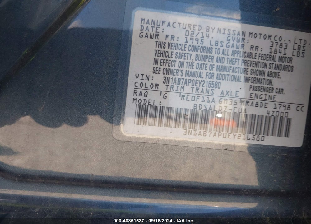 2014 NISSAN SENTRA FE+ S/FE+ SV/S/SL/SR/SV VIN: 3N1AB7AP0EY216580