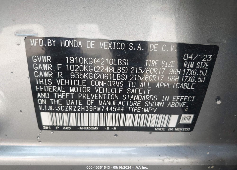 2023 HONDA HR-V VIN: 3CZRZ2H39PM744544