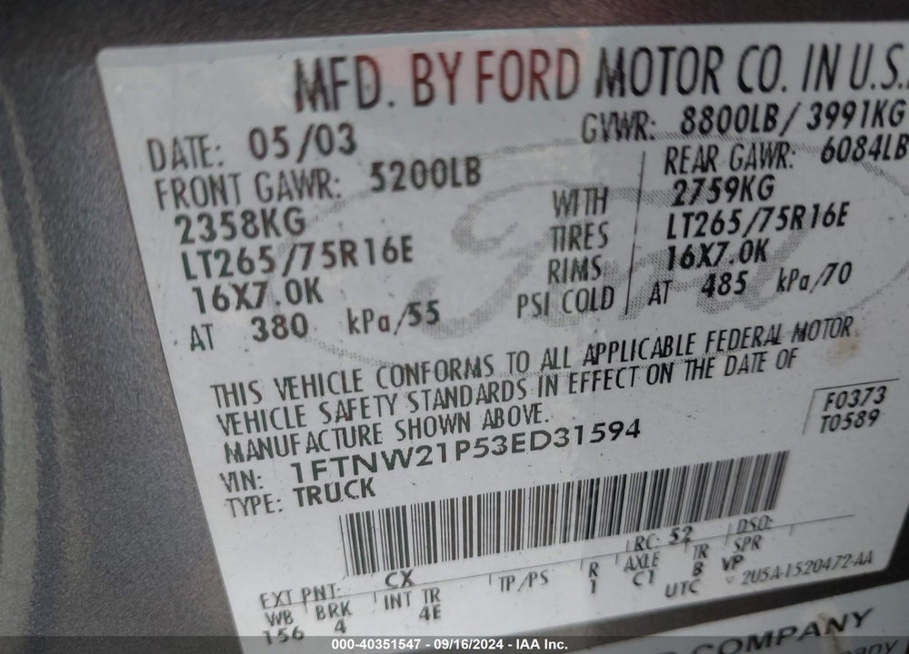 2003 FORD F-250 LARIAT/XL/XLT VIN: 1FTNW21P53ED31594