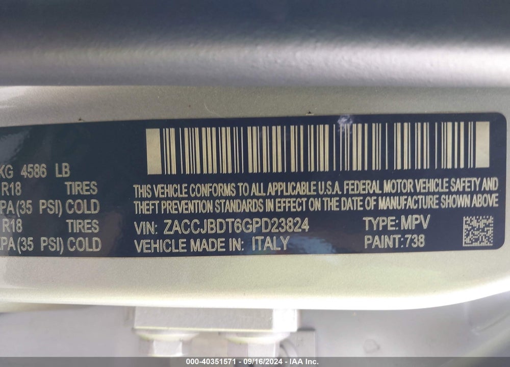 2016 JEEP RENEGADE LIMITED VIN: ZACCJBDT6GPD23824
